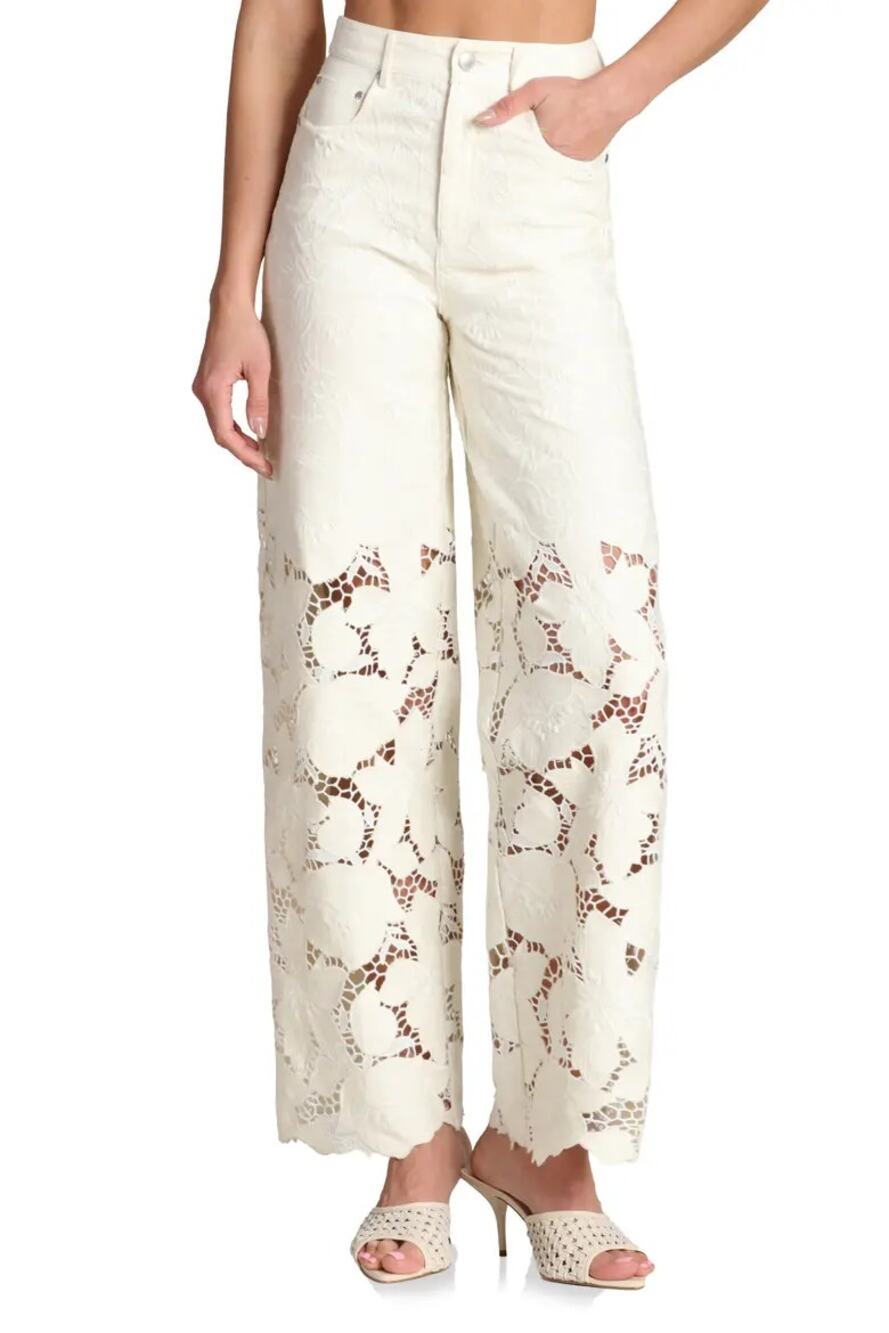 NEW Avec Les Filles Lace Floral Pants Cream High Rise Wide Leg Size 31